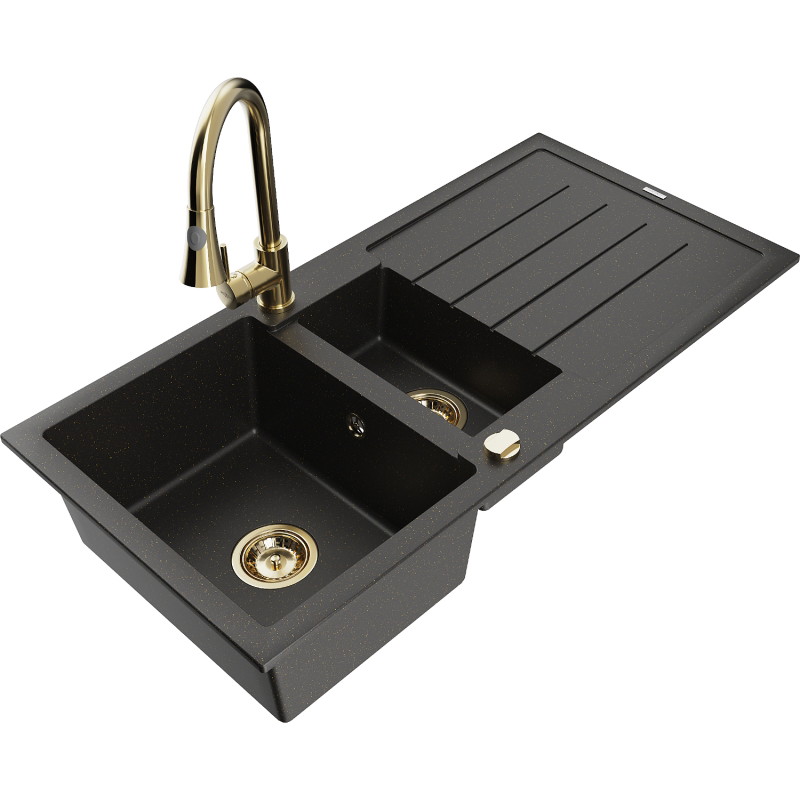 Mexen Andres granitspüle 1,5-schüssig mit Abtropffläche und Küchenarmatur Elia, schwarz/gold metallic - 6515-75-670101-50