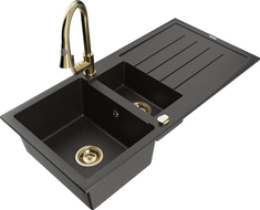 Mexen Andres Granitspüle 1,5-becken mit Abtropffläche und Küchenarmatur Elia, schwarz/gold-metallic - 6515-75-670101-50