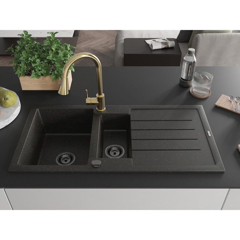 Mexen Andres Granitspüle 1,5-Becken mit Abtropffläche und Küchenarmatur Elia, Schwarz/Gold Metallic - 6515-75-670101-50-B