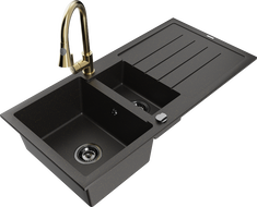 Mexen Andres Granitspüle 1,5-Becken mit Abtropffläche und Küchenarmatur Elia, Schwarz/Gold Metallic - 6515-75-670101-50-B