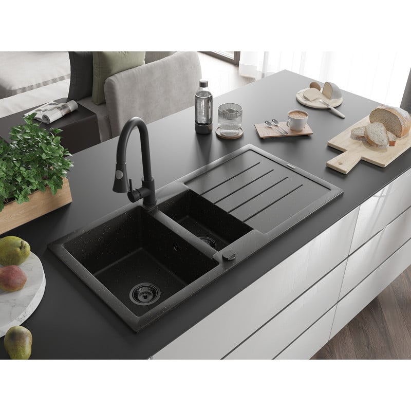 Mexen Andres Granitspüle 1,5-beckig mit Abtropffläche und Küchenarmatur Elia, schwarz/gold metallic - 6515-75-670101-70-B