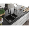 Mexen Andres granit Spülbecken 1,5 Becken mit Abtropffläche und Küchenarmatur Elia, schwarz/gold metallic - 6515-75-670101-70
