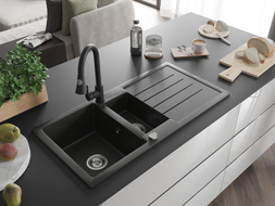 Mexen Andres granit Spülbecken 1,5 Becken mit Abtropffläche und Küchenarmatur Elia, schwarz/gold metallic - 6515-75-670101-70