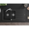 Mexen Andres Granitspüle 1,5-Becken mit Abtropffläche und Küchenarmatur Elia, schwarz/silber metallic - 6515-73-670101-00