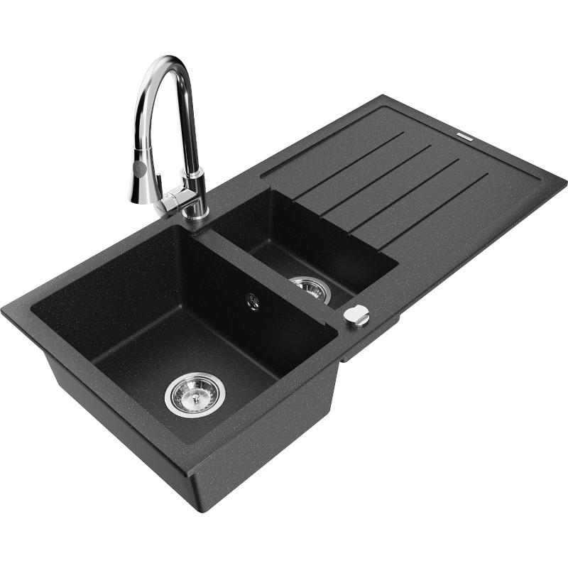 Mexen Andres Granitspüle mit 1,5 Becken, Abtropffläche und Küchenarmatur Elia, schwarz/silber metallic - 6515-73-670101-00