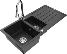 Mexen Andres Granitspüle 1,5-Becken mit Abtropffläche und Küchenarmatur Elia, schwarz/silber metallic - 6515-73-670101-00