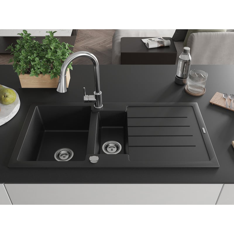 Mexen Andres Granit-Spüle 1,5-Becken mit Abtropffläche und Küchenarmatur Elia, schwarz - 6515-77-670101-00
