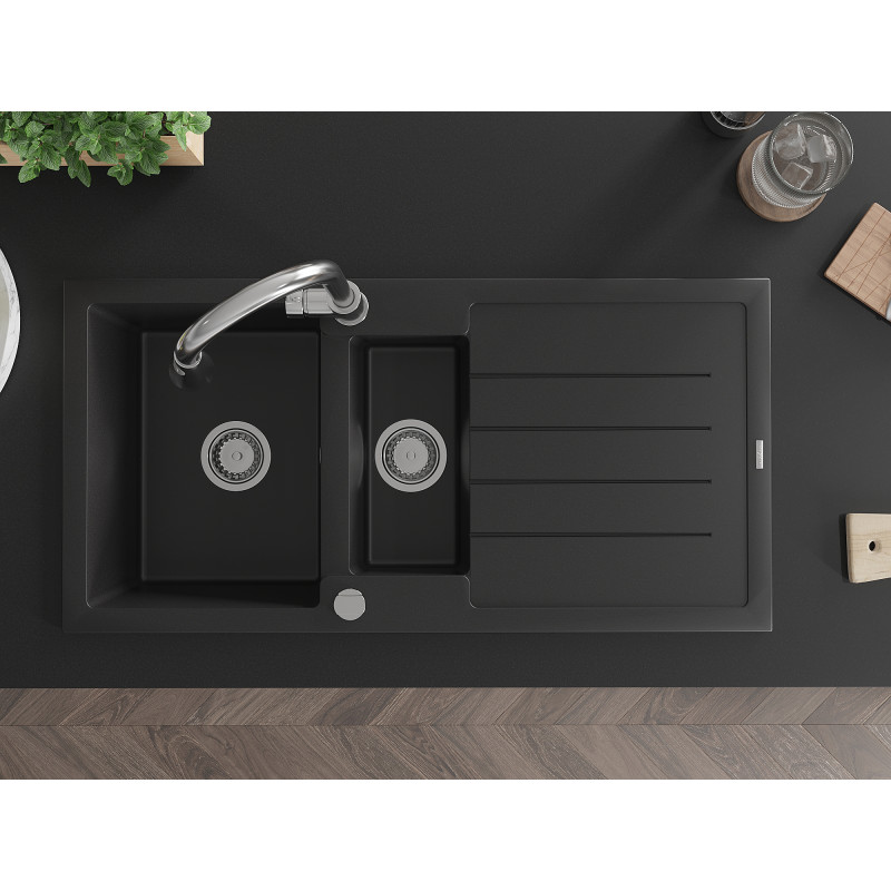 Mexen Andres Granit-Spüle 1,5-Becken mit Abtropffläche und Küchenarmatur Elia, schwarz - 6515-77-670101-00
