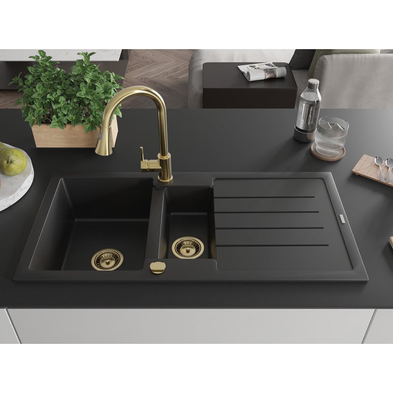 Mexen Andres Granitspüle 1,5-Becken mit Abtropffläche und Küchenarmatur Elia, schwarz - 6515-77-670101-50
