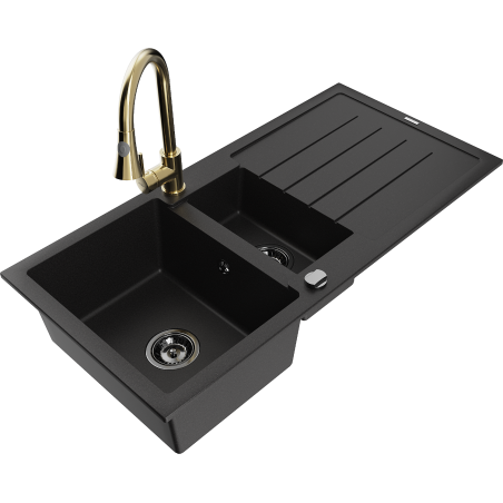 Mexen Andres Granitspüle 1,5-becken mit Abtropffläche und Küchenarmatur Elia, schwarz - 6515-77-670101-50-B