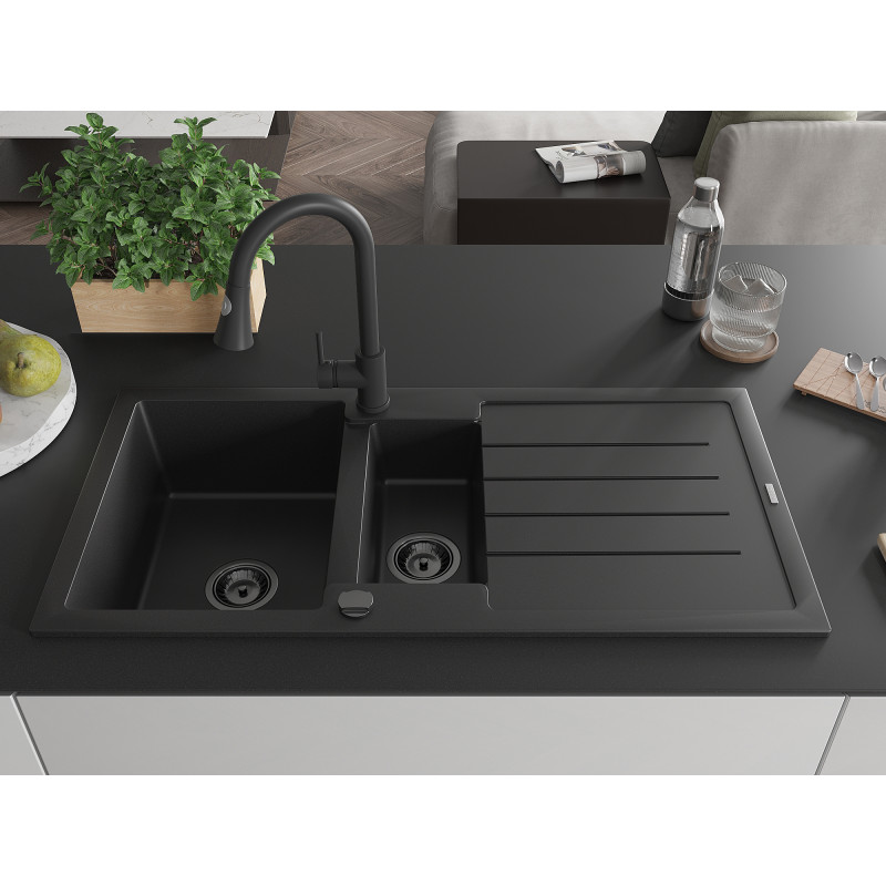 Mexen Andres Granitspüle 1,5-Becken mit Abtropffläche und Küchenarmatur Elia, schwarz - 6515-77-670101-70-B