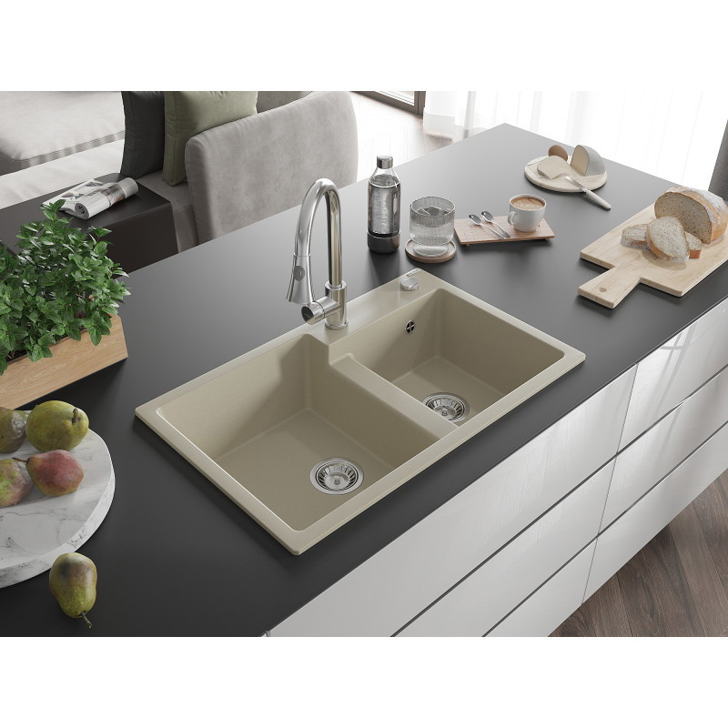 Mexen Tomas Granitspüle 2-Becken mit Küchenarmatur Elia, beige - 6516-69-670101-00