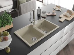 Mexen Tomas Granitspüle 2-Becken mit Küchenarmatur Elia, beige - 6516-69-670101-00