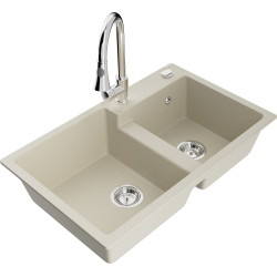 Mexen Tomas 2-Becken-Granitspüle mit Mischbatterie Elia, Beige - 6516-69-670101-00