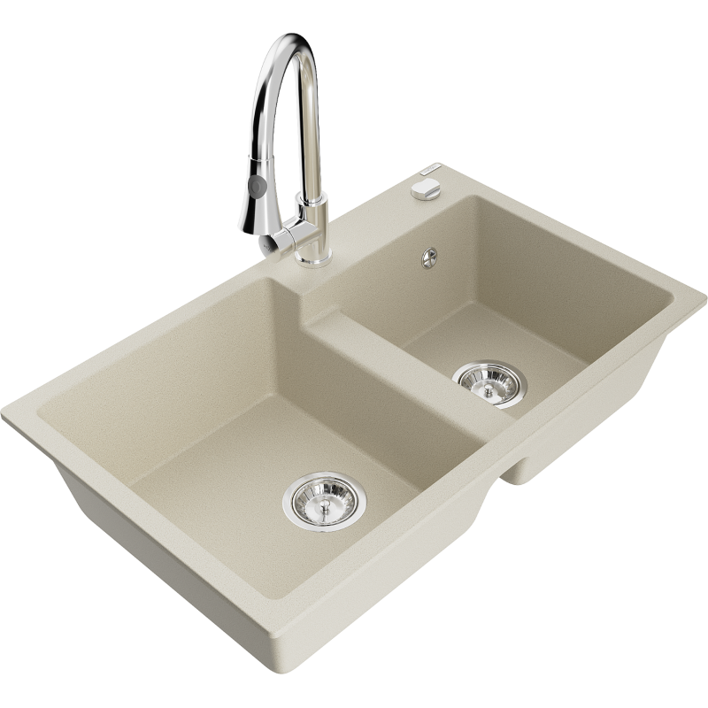 Mexen Tomas Granitspüle 2-Becken mit Küchenarmatur Elia, beige - 6516-69-670101-00