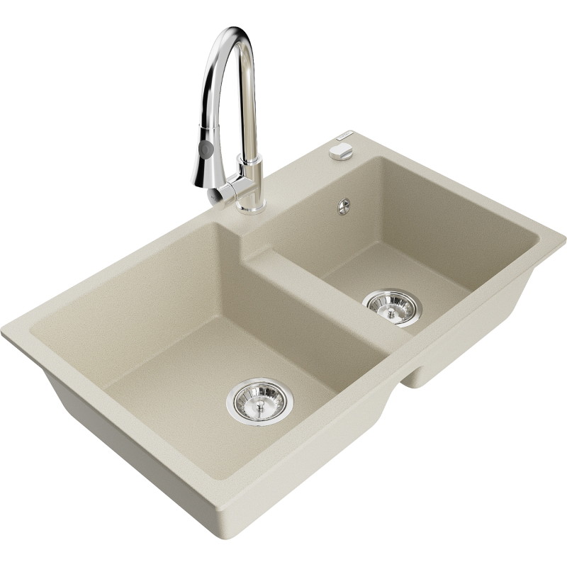 Mexen Tomas Granitspüle 2-Kammer mit Küchenarmatur Elia, beige - 6516-69-670101-00