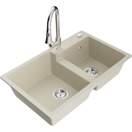 Mexen Tomas Granitspüle 2-Becken mit Küchenarmatur Elia, beige - 6516-69-670101-00