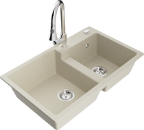 Mexen Tomas Granitspüle 2-Becken mit Küchenarmatur Elia, beige - 6516-69-670101-00
