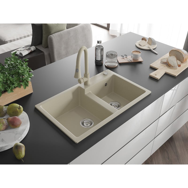 Mexen Tomas Granitspüle 2-becken mit Küchenarmatur Elia, beige - 6516-69-670101-69