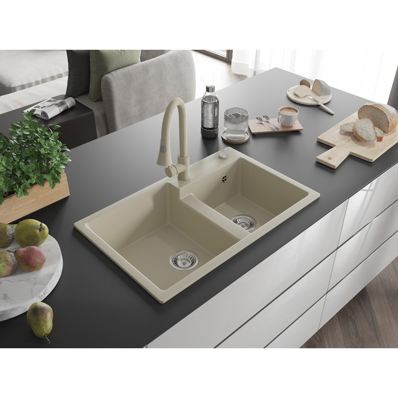 Mexen Tomas Granitspüle 2-Kammern mit Küchenarmatur Elia, beige - 6516-69-670101-69