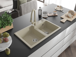 Mexen Tomas Granitspüle 2-becken mit Küchenarmatur Elia, beige - 6516-69-670101-69