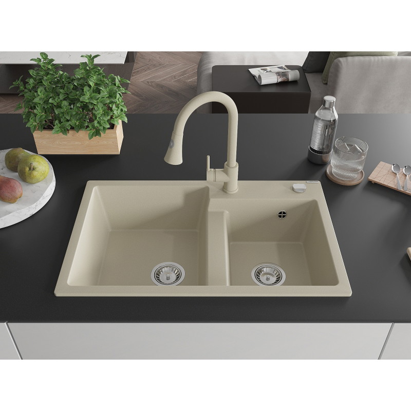 Mexen Tomas Granitspüle 2-Kammern mit Küchenarmatur Elia, beige - 6516-69-670101-69