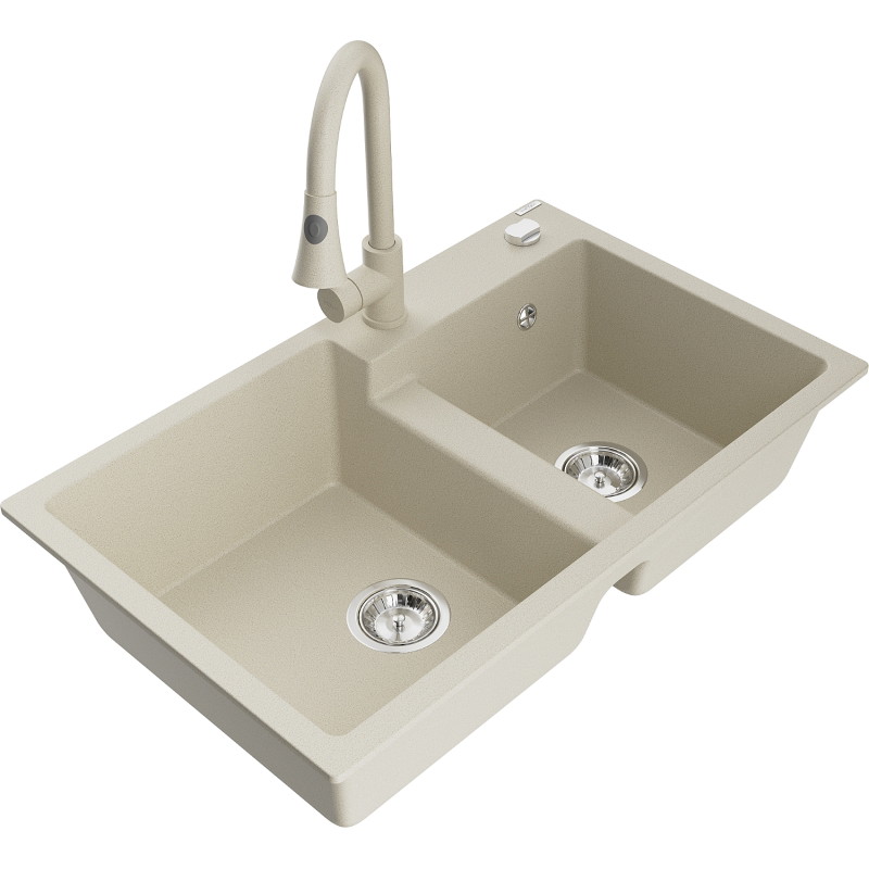 Mexen Tomas Granitspüle 2-Kammer mit Küchenarmatur Elia, beige - 6516-69-670101-69