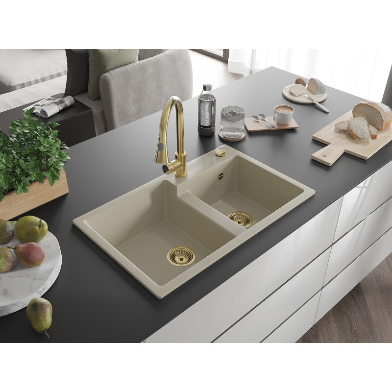 Mexen Tomas granitspüle 2-kammer mit küchenarmatur Elia, beige - 6516-69-670101-50