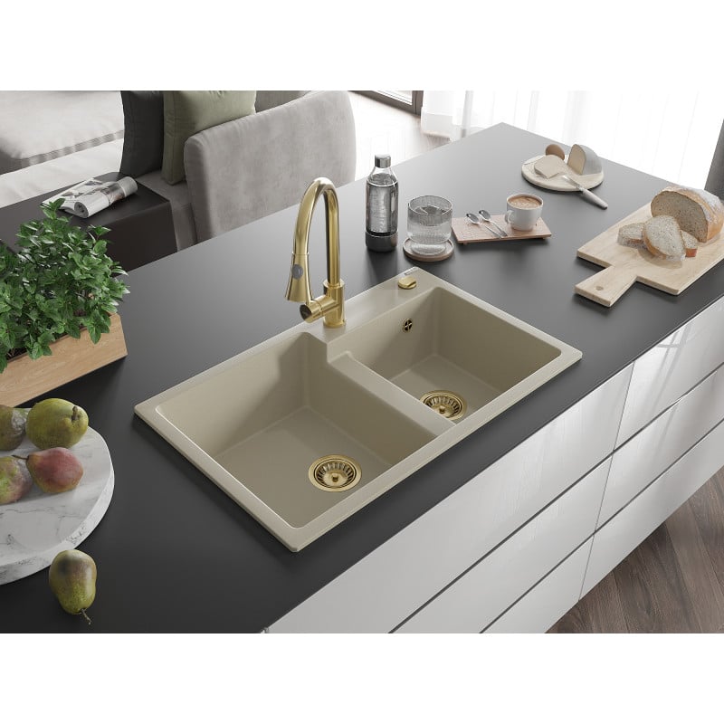 Mexen Tomas Granitspüle mit 2 Becken und Küchenarmatur Elia, beige - 6516-69-670101-50