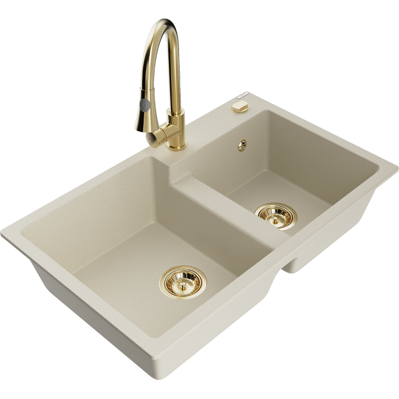 Mexen Tomas Granitspüle mit 2 Becken und Küchenarmatur Elia, beige - 6516-69-670101-50
