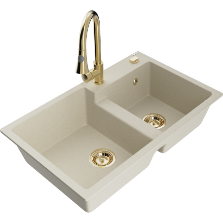 Mexen Tomas granitspüle 2-kammer mit küchenarmatur Elia, beige - 6516-69-670101-50