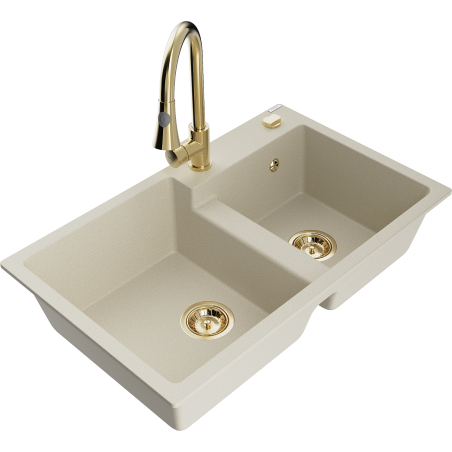 Mexen Tomas Granitspüle mit 2 Becken und Küchenarmatur Elia, beige - 6516-69-670101-50