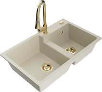 Mexen Tomas Granitspüle mit 2 Becken und Küchenarmatur Elia, beige - 6516-69-670101-50
