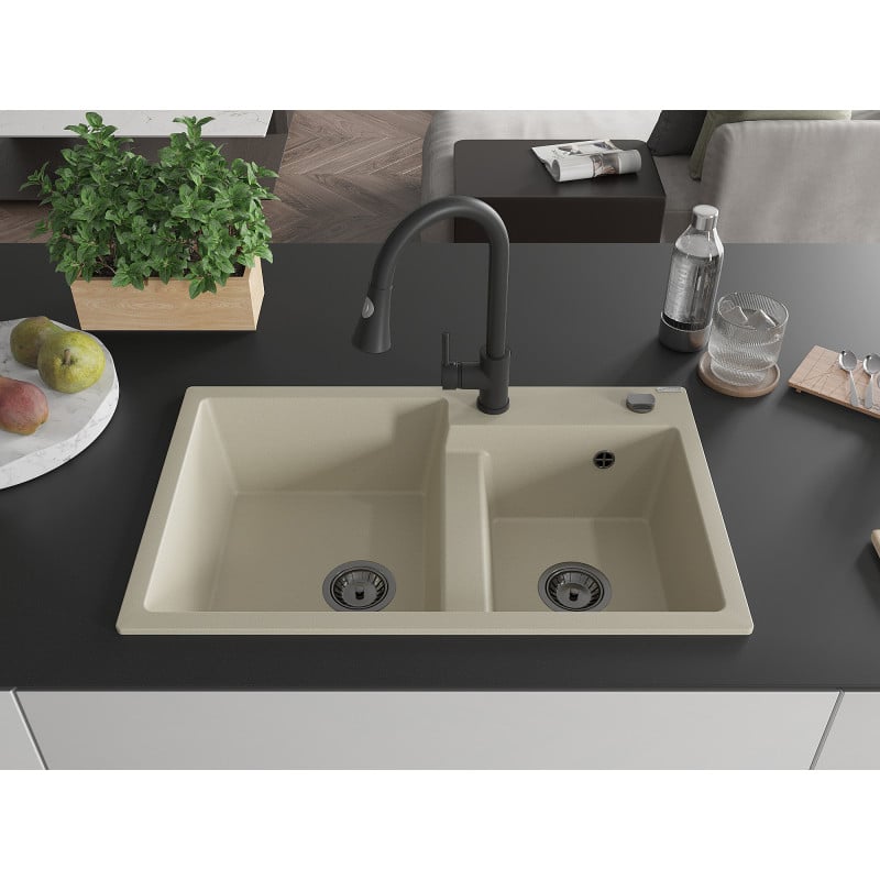 Mexen Tomas Granitspüle 2-Kammer mit Küchenarmatur Elia, beige - 6516-69-670101-70