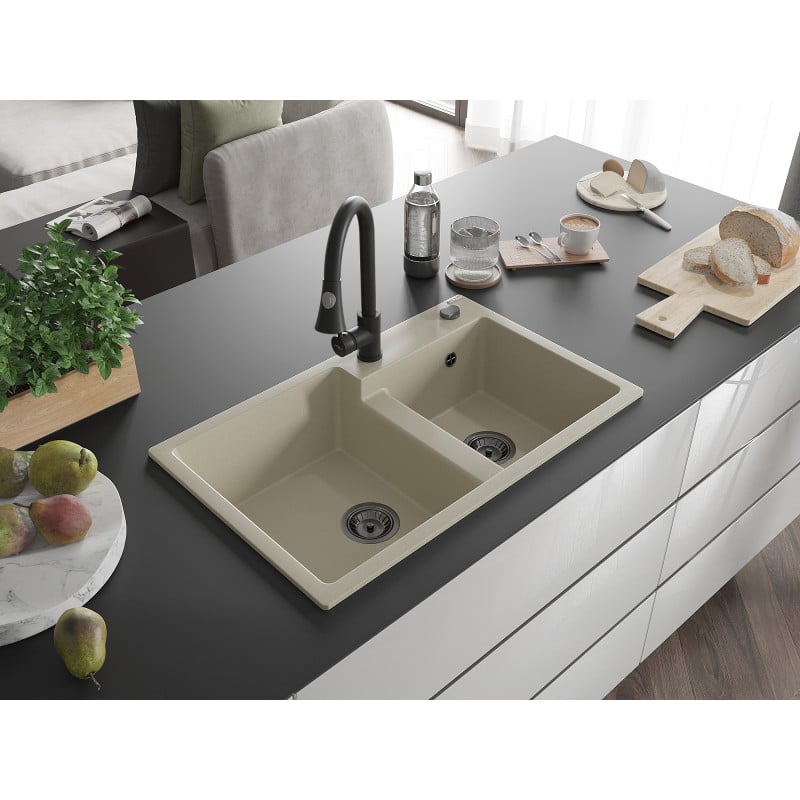 Mexen Tomas Granitspüle 2-Kammer mit Küchenarmatur Elia, beige - 6516-69-670101-70