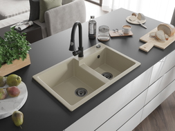 Mexen Tomas Granitspüle 2-Kammern mit Küchenarmatur Elia, beige - 6516-69-670101-70