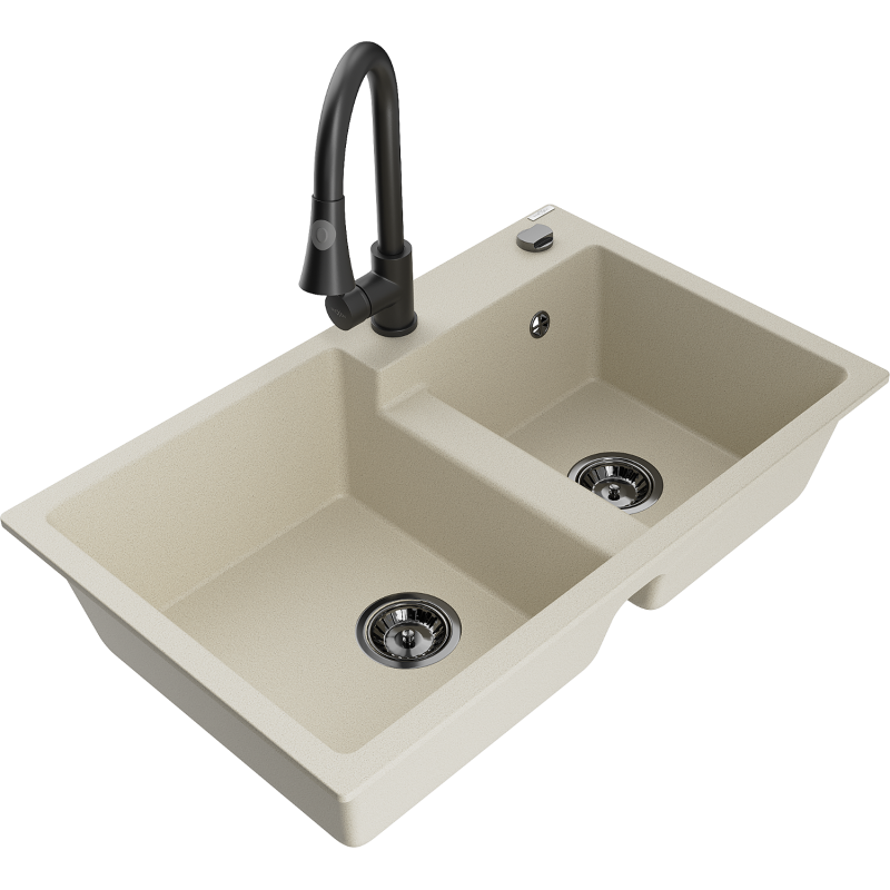 Mexen Tomas Granitspüle 2-Kammer mit Küchenarmatur Elia, beige - 6516-69-670101-70