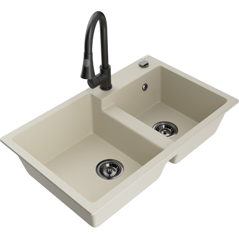 Mexen Tomas Granitspüle 2-Kammern mit Küchenarmatur Elia, beige - 6516-69-670101-70
