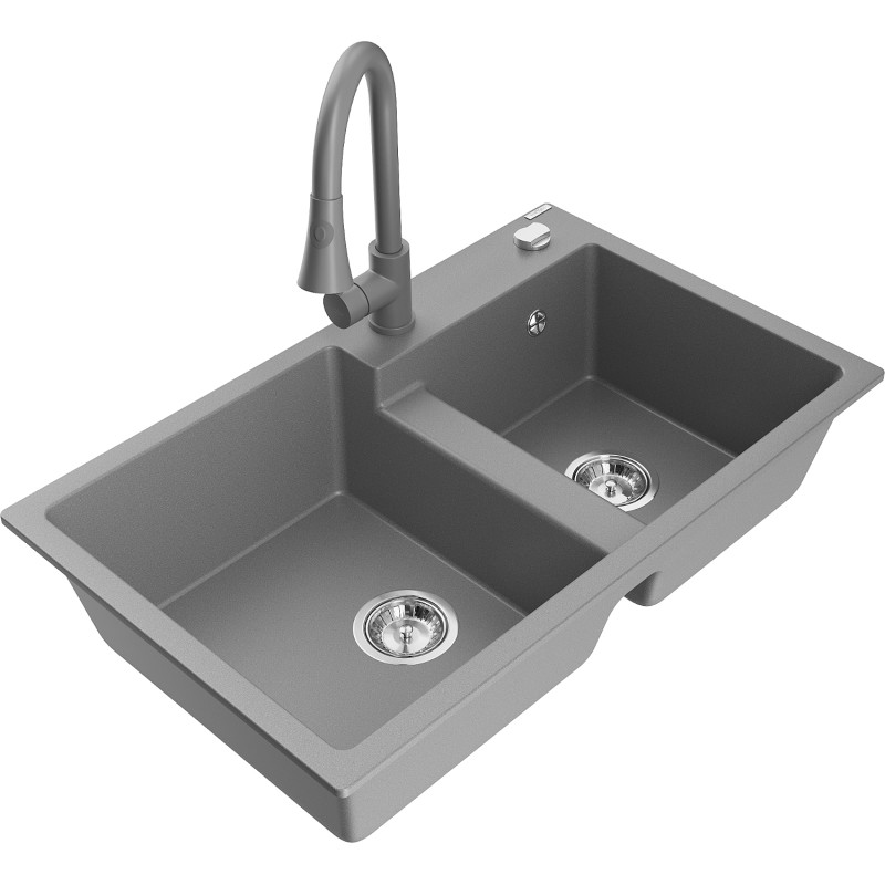 Mexen Tomas Granit-Spülbecken 2-Kammern mit Küchenarmatur Elia, grau - 6516-71-670101-71