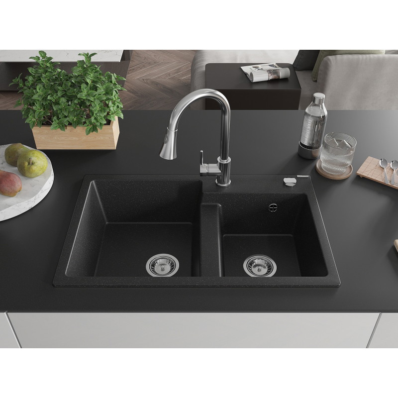 Mexen Tomas Granit-Spüle 2-Becken mit Küchenarmatur Elia, schwarz/silbermetallic - 6516-73-670101-00