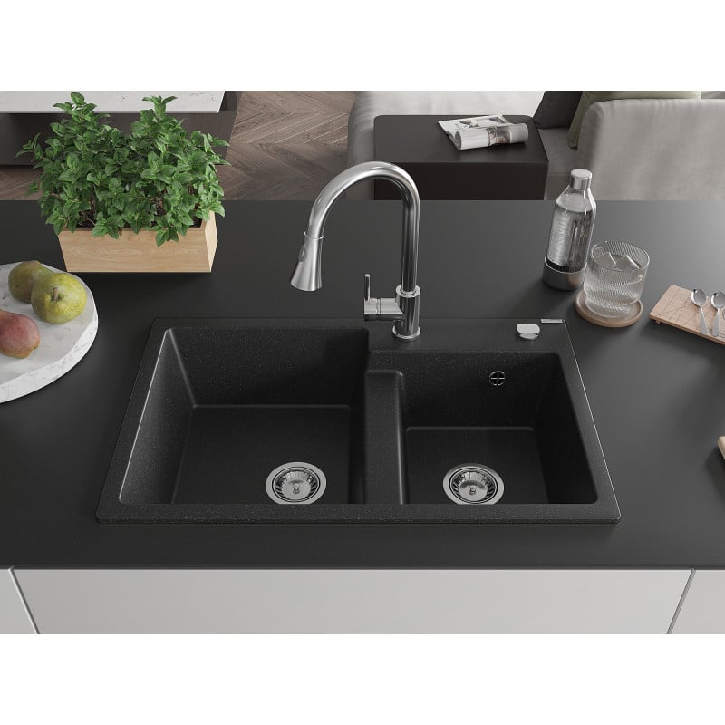 Mexen Tomas Granitspüle 2-Becken mit Küchenarmatur Elia, schwarz/silber metallic - 6516-73-670101-00