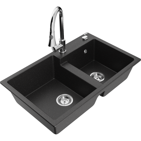 Mexen Tomas Granitspüle 2-Kammer mit Küchenarmatur Elia, schwarz/silber Metallic - 6516-73-670101-00