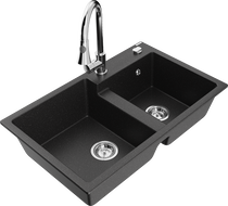 Mexen Tomas Granitspüle 2-Becken mit Küchenarmatur Elia, schwarz/silber metallic - 6516-73-670101-00