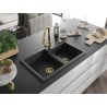 Mexen Tomas Granitspüle 2-Becken mit Küchenarmatur Elia, schwarz/silber metallic - 6516-73-670101-50