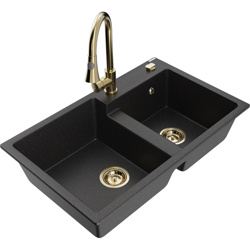 Mexen Tomas Granitspüle 2-Becken mit Küchenarmatur Elia, schwarz/silber metallic - 6516-73-670101-50