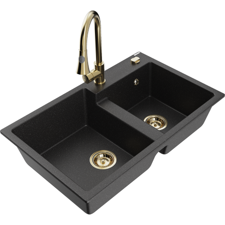 Mexen Tomas Granitspüle 2-Becken mit Küchenarmatur Elia, schwarz/silber metallic - 6516-73-670101-50