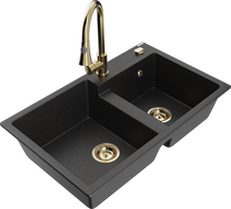 Mexen Tomas Granitspüle 2-Becken mit Küchenarmatur Elia, schwarz/silber metallic - 6516-73-670101-50
