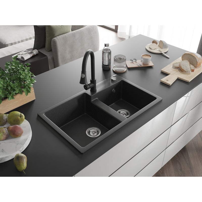 Mexen Tomas Granitspüle mit 2 Becken, mit Küchenarmatur Elia, schwarz/silber metallic - 6516-73-670101-70