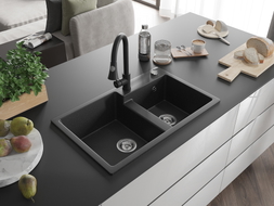Mexen Tomas Granitspüle mit 2 Becken, mit Küchenarmatur Elia, schwarz/silber metallic - 6516-73-670101-70