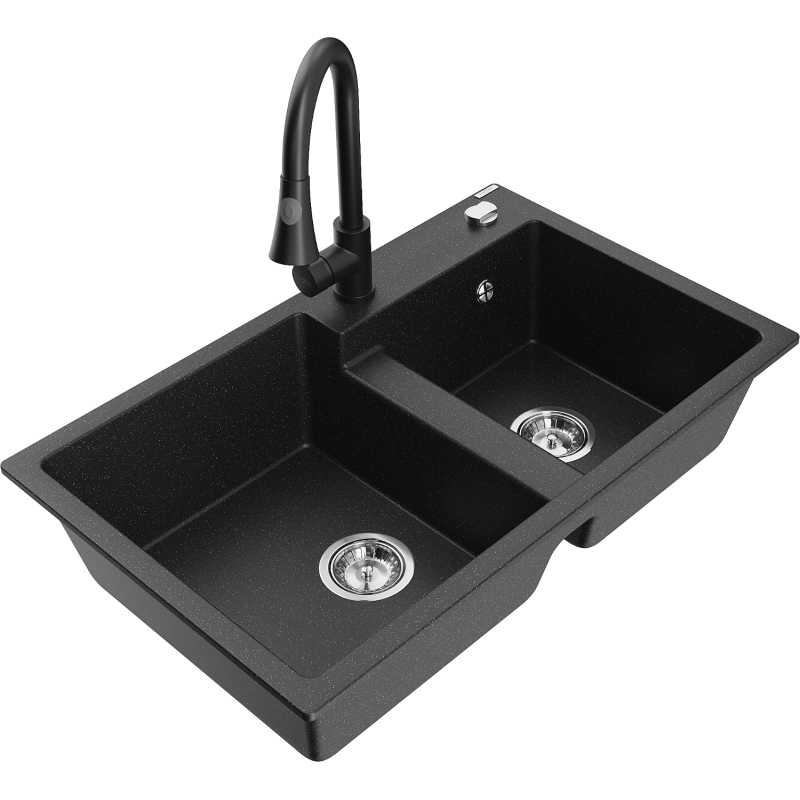 Mexen Tomas Granitspüle mit 2 Becken, mit Küchenarmatur Elia, schwarz/silber metallic - 6516-73-670101-70